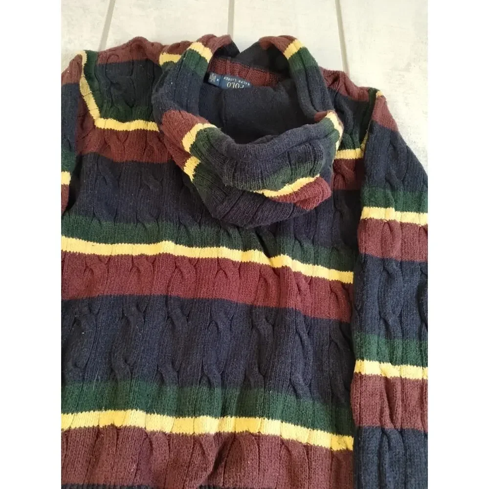 Polo Ralph Lauren St Andrews Rugby Cable Knit Hoodie Striped Sweater Men Size M